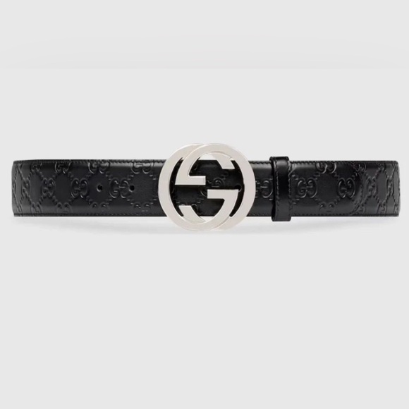 Gucci Embossed Black Belt with Silver Logo Buckle - Picture 1 of 5